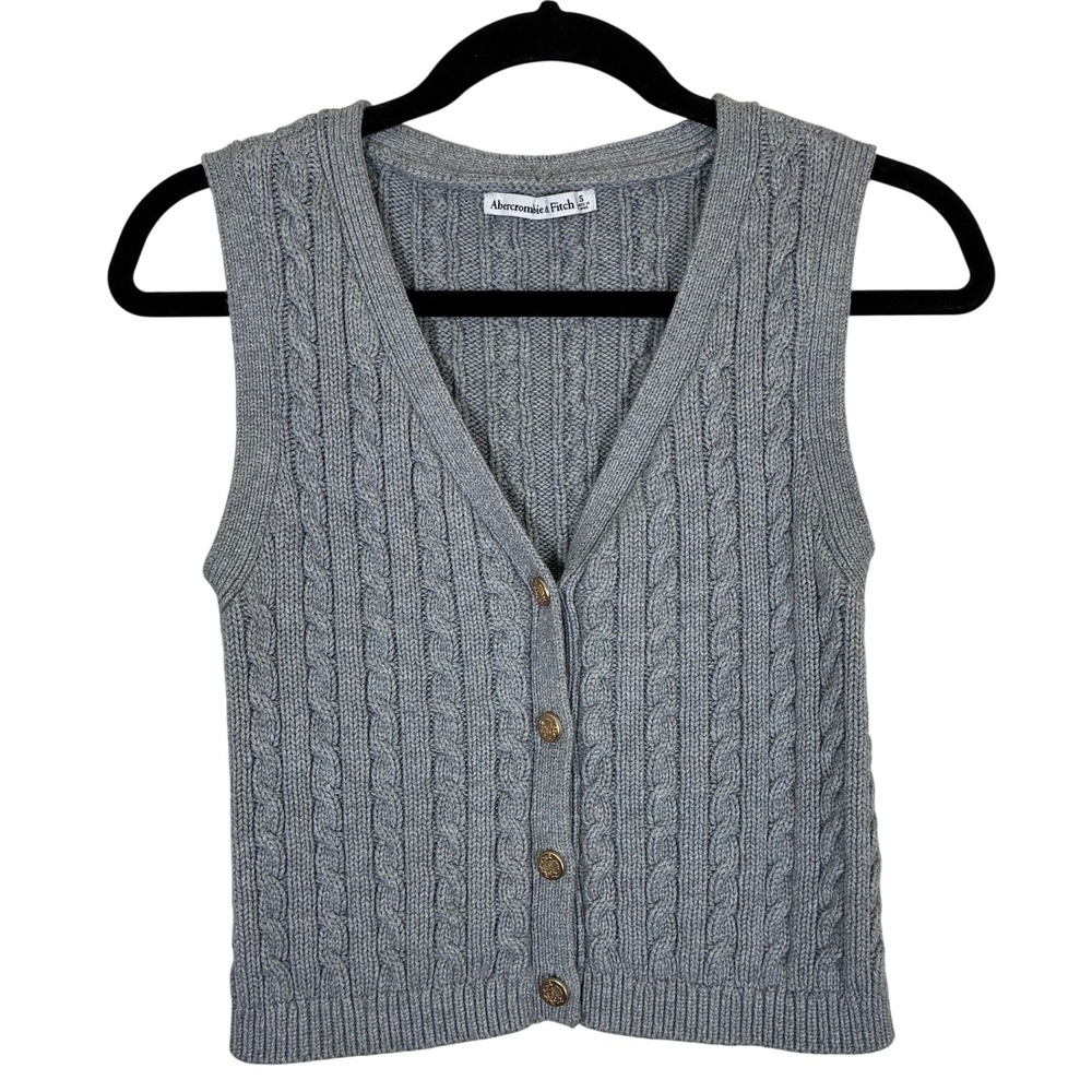 Abercrombie & Fitch Small Gray Mara Cable Knit Button Front Sweater Vest Preppy - Picture 1 of 6